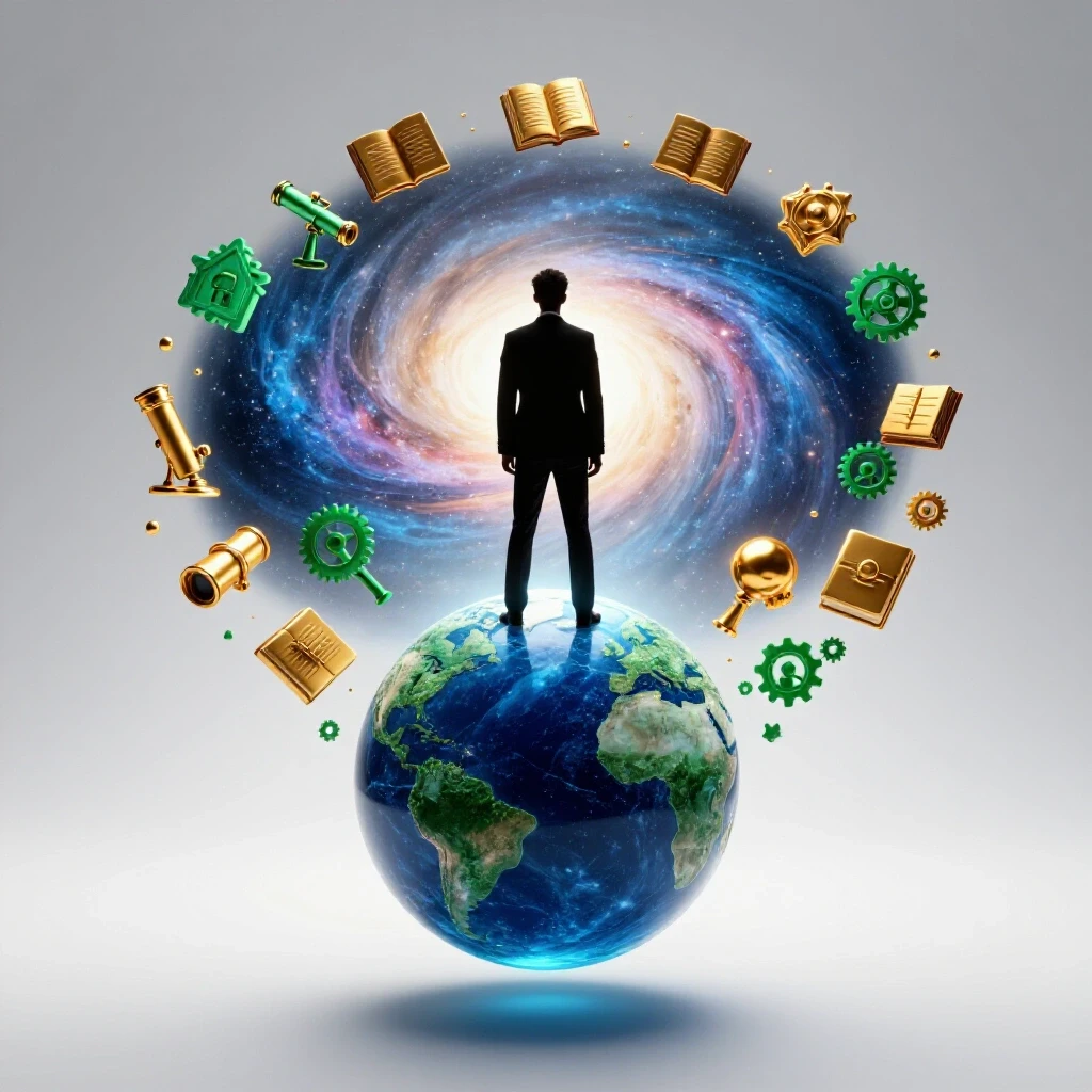 A business figure stands atop a glowing blue planet, gazing at a galaxy filled with career symbols on a bright background.