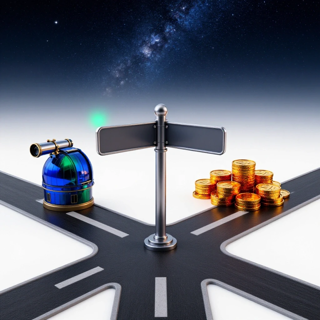 A crossroads at night beneath a starry sky, splitting toward a telescope observatory or a stack of gold coins.