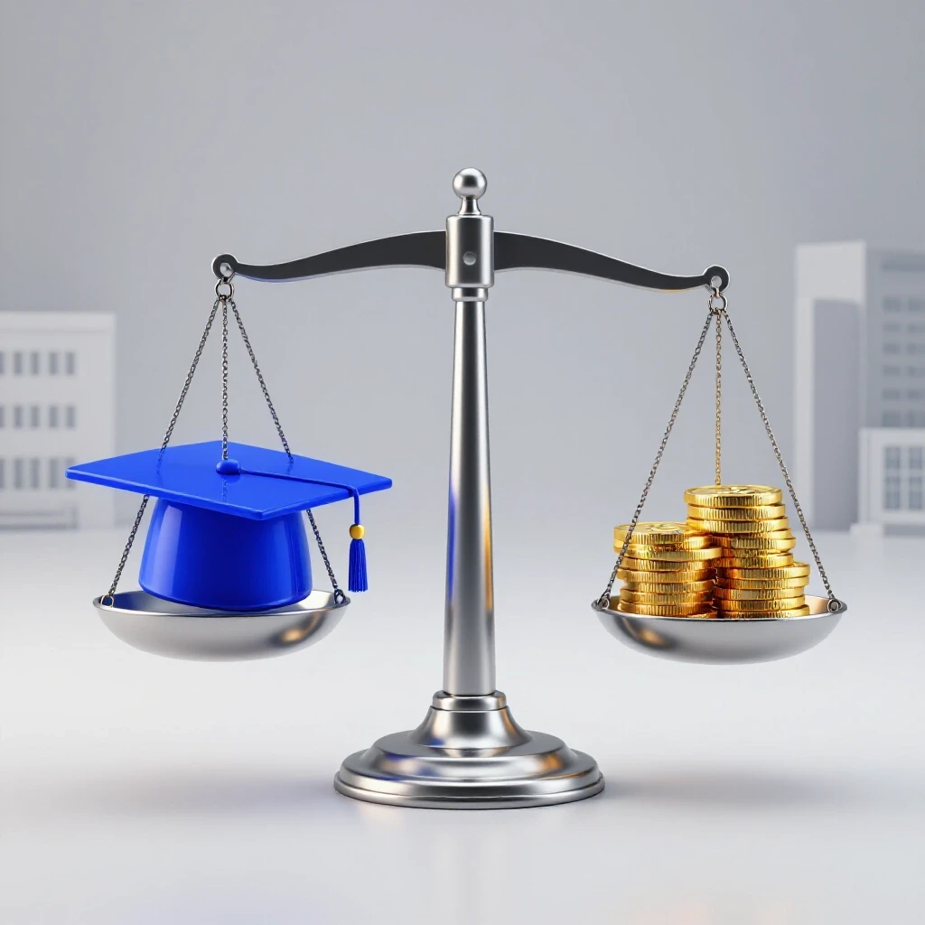 Balanced scale with glowing blue graduation cap and gold coins against bright digital campus backdrop.