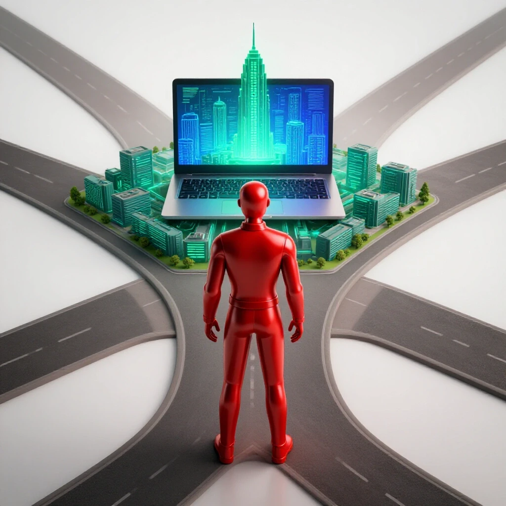 A stylized figure stands at a crossroads, facing a glowing digital campus emerging from a laptop, symbolizing online education choices.
