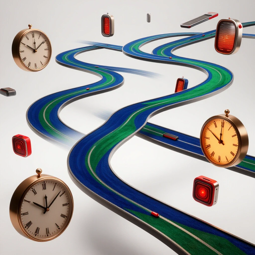 A vibrant, winding path surrounded by floating clocks and digital devices in a bright studio setting.