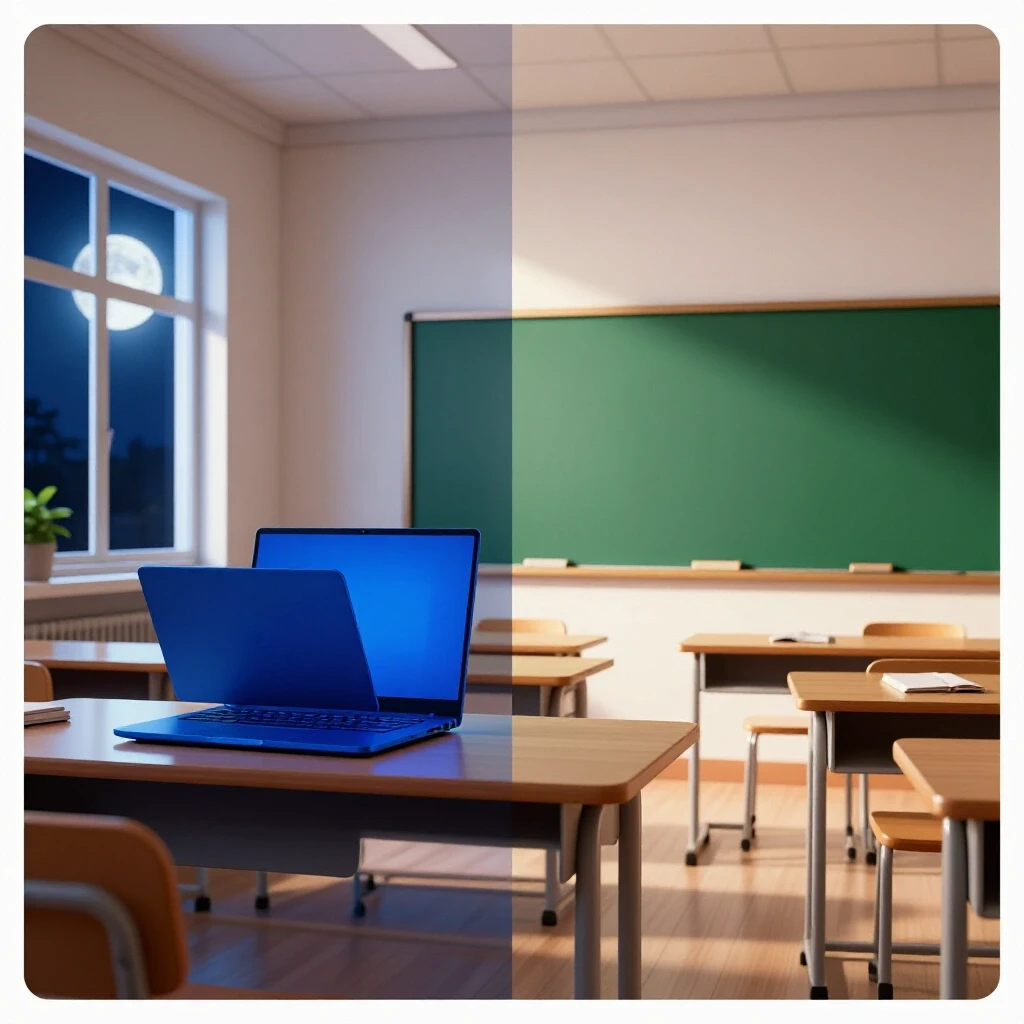 Split scene showing a vivid laptop at night and a bright, colorful classroom by day, highlighting learning contrasts.