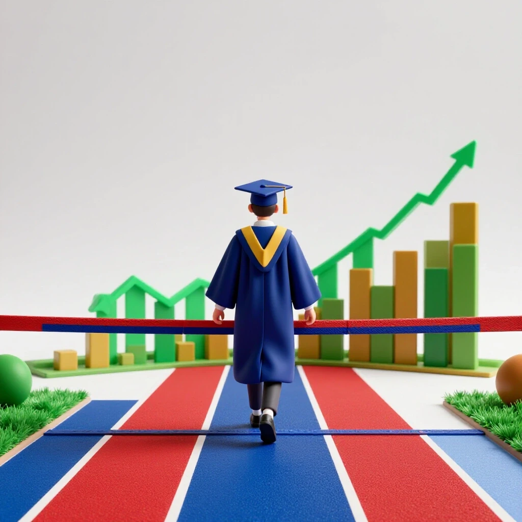 Graduation cap and gown cross a vivid finish line on a track, data graphs rising behind on a bright background.