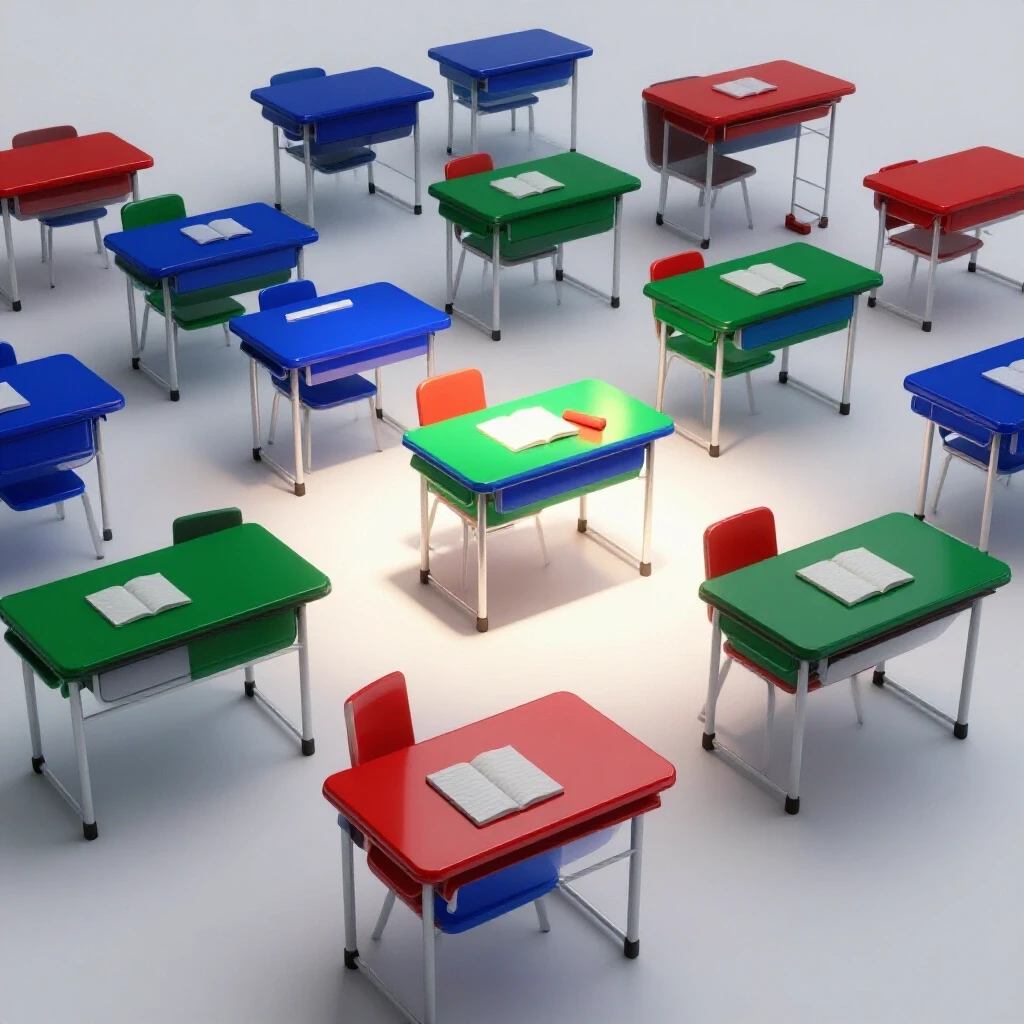 Brightly lit classroom with some vibrant, occupied desks and others empty, highlighted for visual contrast.