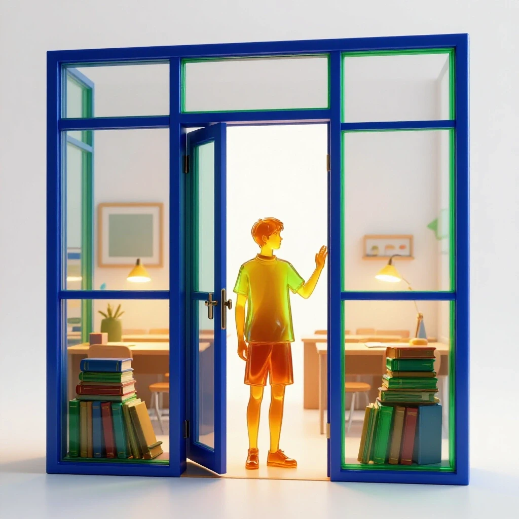A translucent student figure stands at a bright classroom doorway, observing an inviting lecture scene inside.