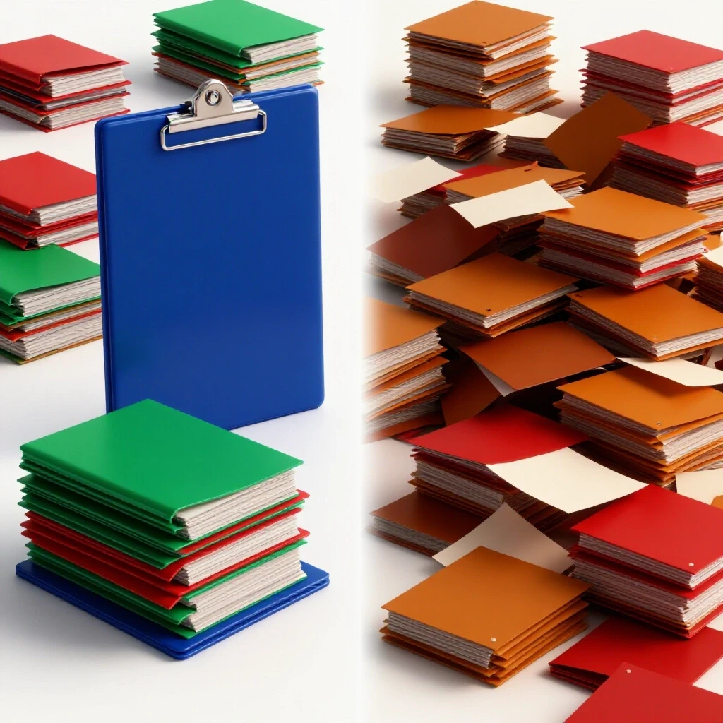 Dramatic split-screen showing organized documents on one side and scattered papers on the other, symbolizing audit status outcomes.