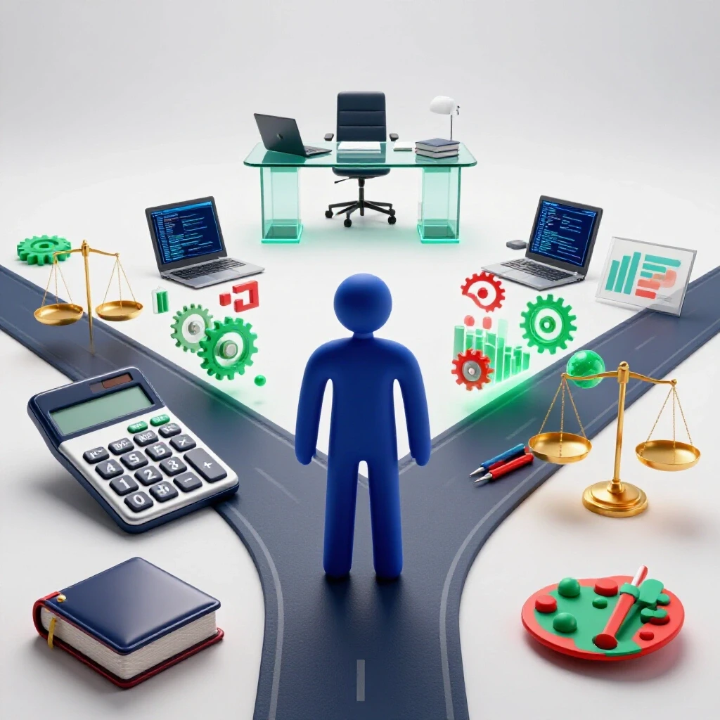 A central crossroads with accounting tools on one path, diverse objects on the other, leading to an auditor's desk on a bright background.