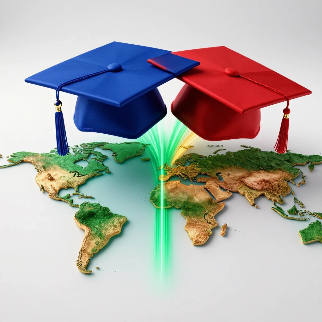Australian graduation cap transforming into American cap over world map, vibrant pathways connect regions