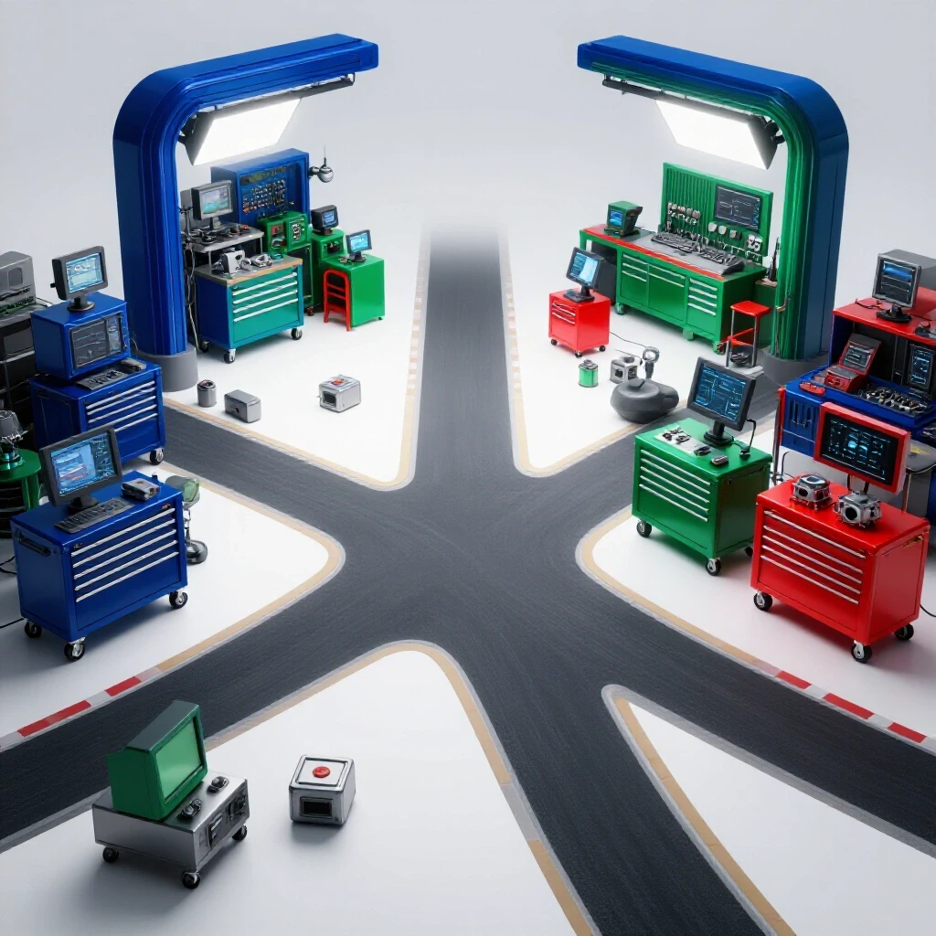 A bright, high-contrast 3D crossroads with one path leading to a modern auto workshop and another fading into uncertainty.