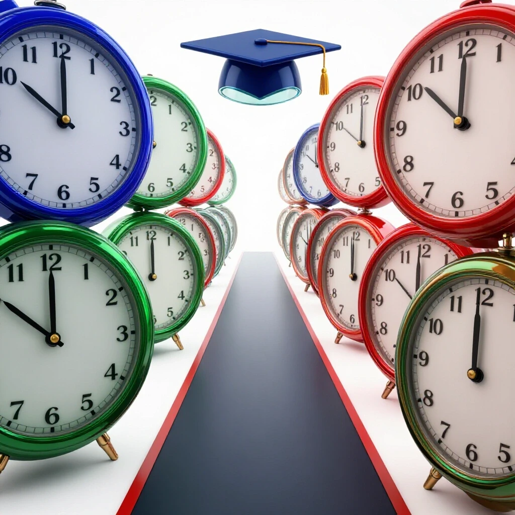 A colorful pathway of vibrant clock faces leading to a glowing graduation cap on a bright background.