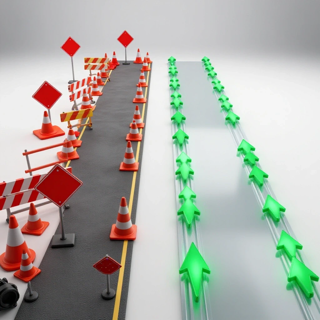 A bright scene with two branching paths: one cluttered with obstacles and warning signs, the other clear and brightly lit.