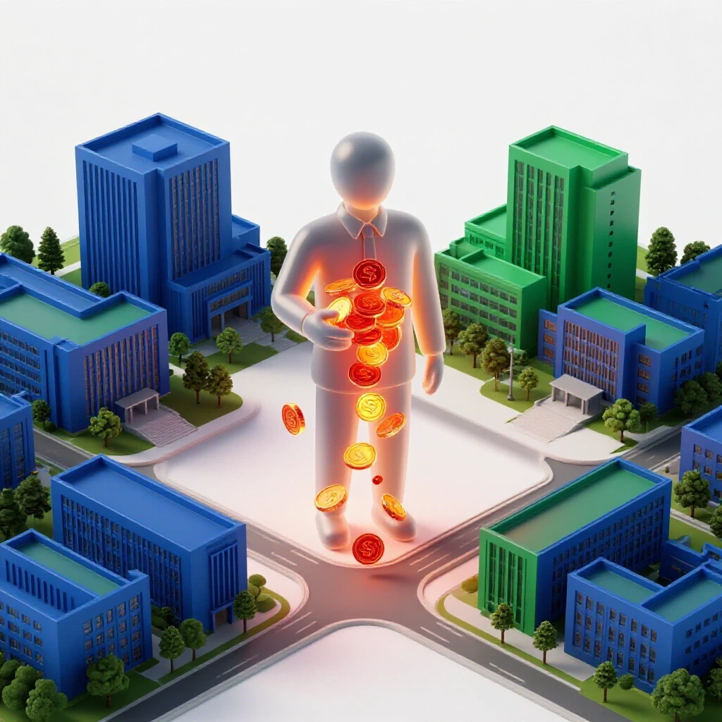 Student figure stands at campus crossroads holding glowing tokens, some secured, others lost in a shadowy gap.