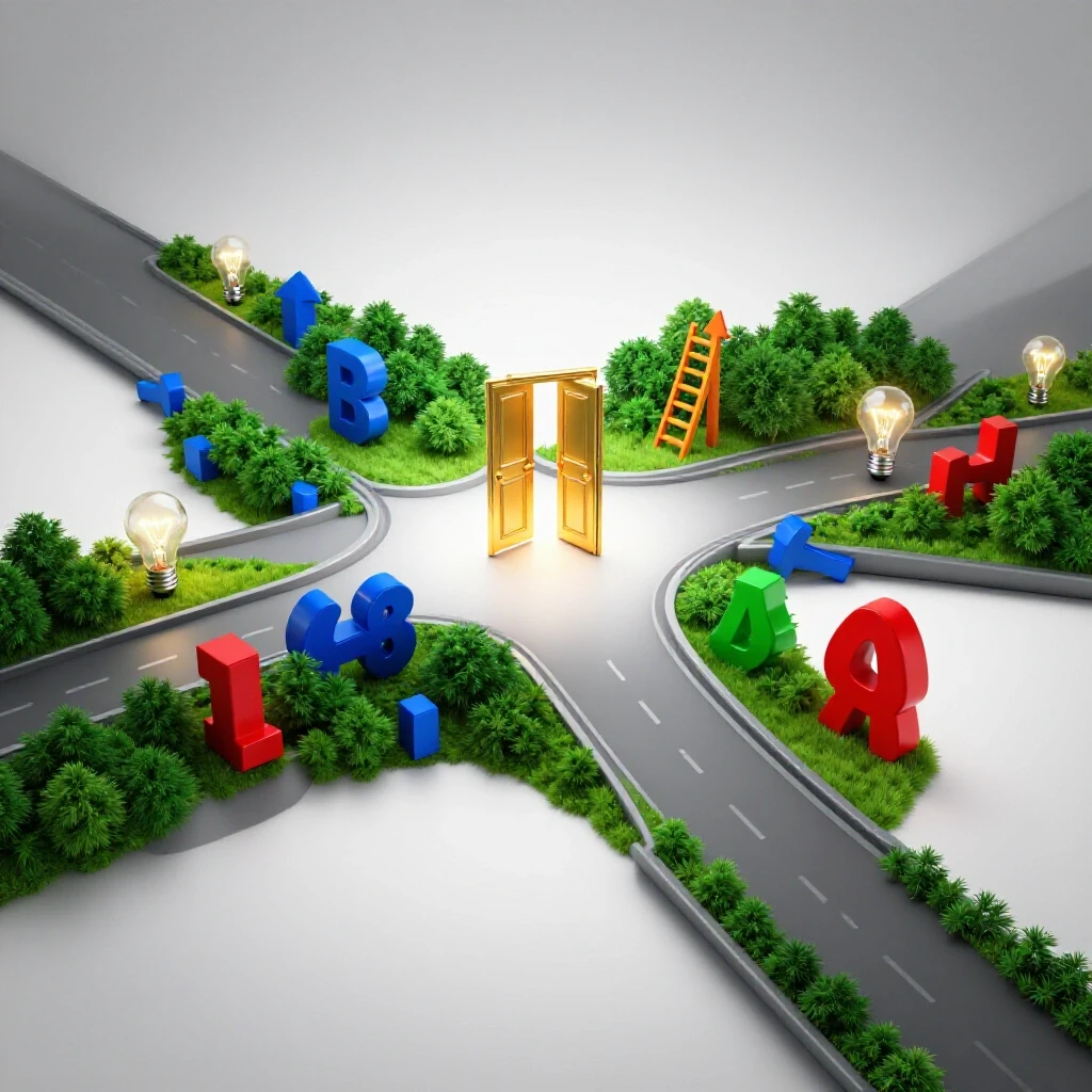 Glossy crossroads with one vibrant path of opportunity and a second fading into emptiness on bright white background.