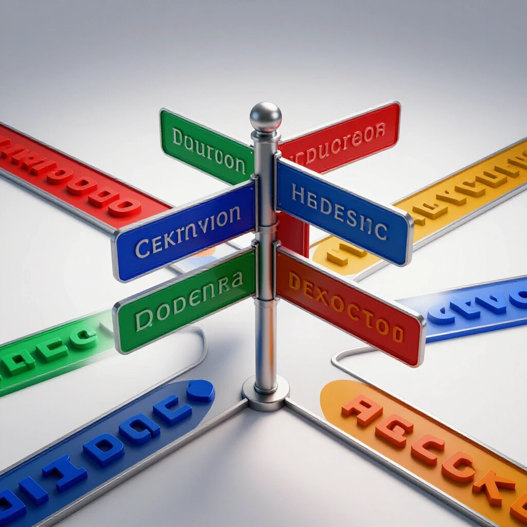 Multiple colored career path symbols diverge from a central signpost on a bright, illuminated crossroad.