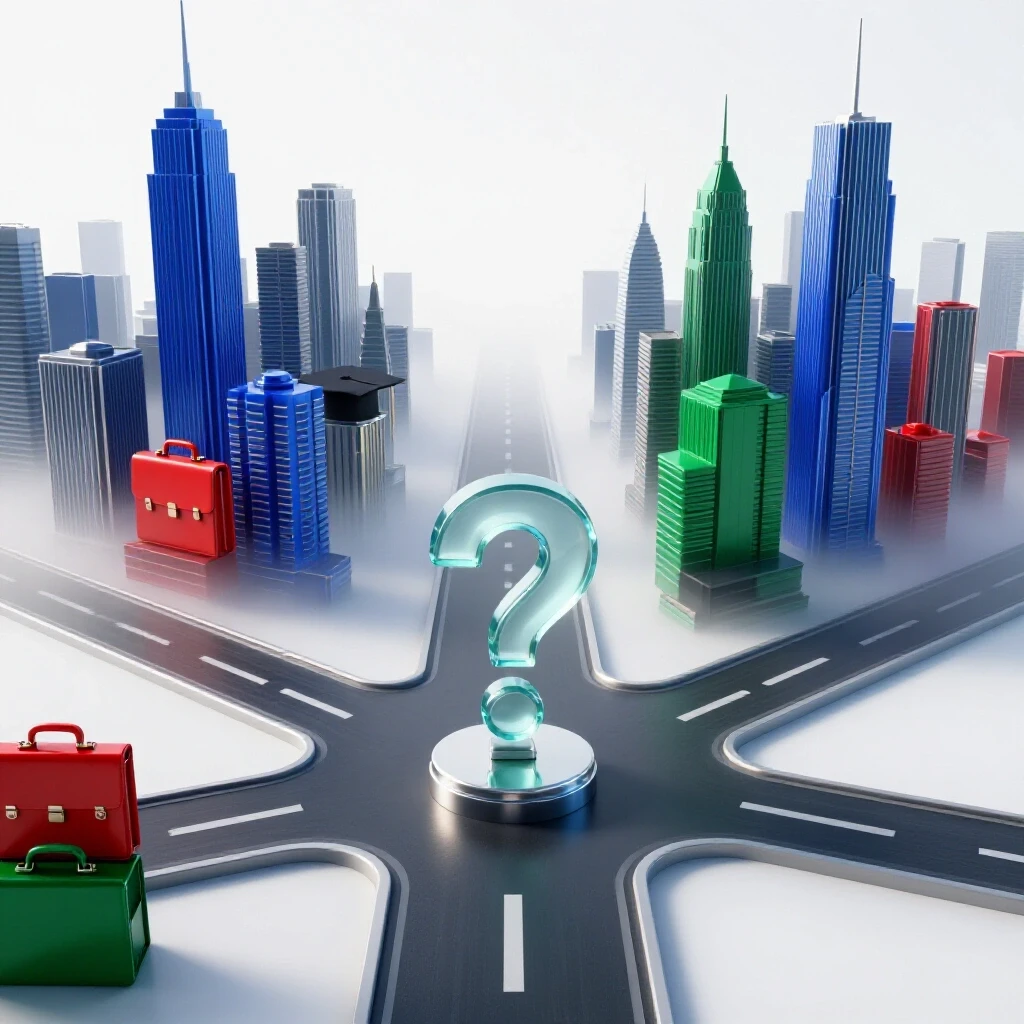 Crossroads with vibrant city ahead and unclear path fading into fog, meeting at a glass question mark centerpiece