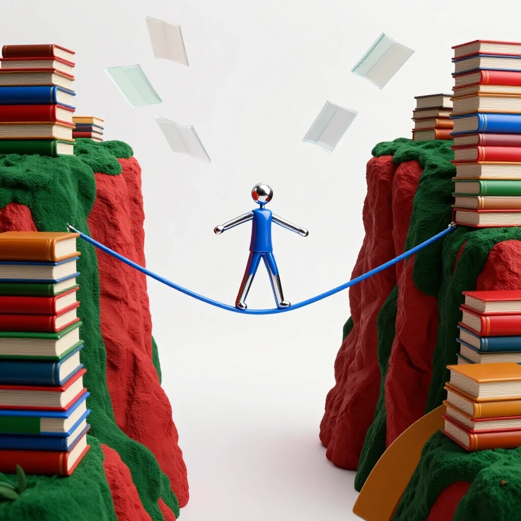 Abstract figure balancing on a tightrope between cliffs of books and an open path, looming falling books overhead.