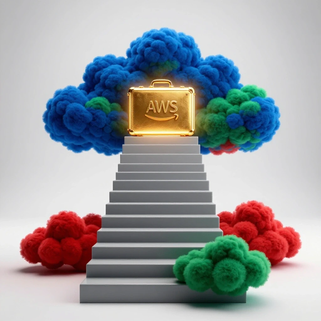 Glossy cloud-shaped steps form an upward staircase leading to a glowing briefcase on a bright white background.