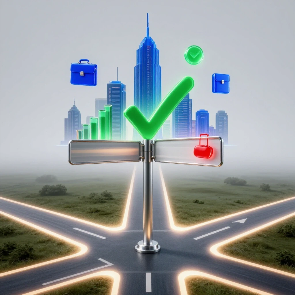 A metallic signpost at a crossroads directing toward a vibrant city filled with career symbols under bright lighting.