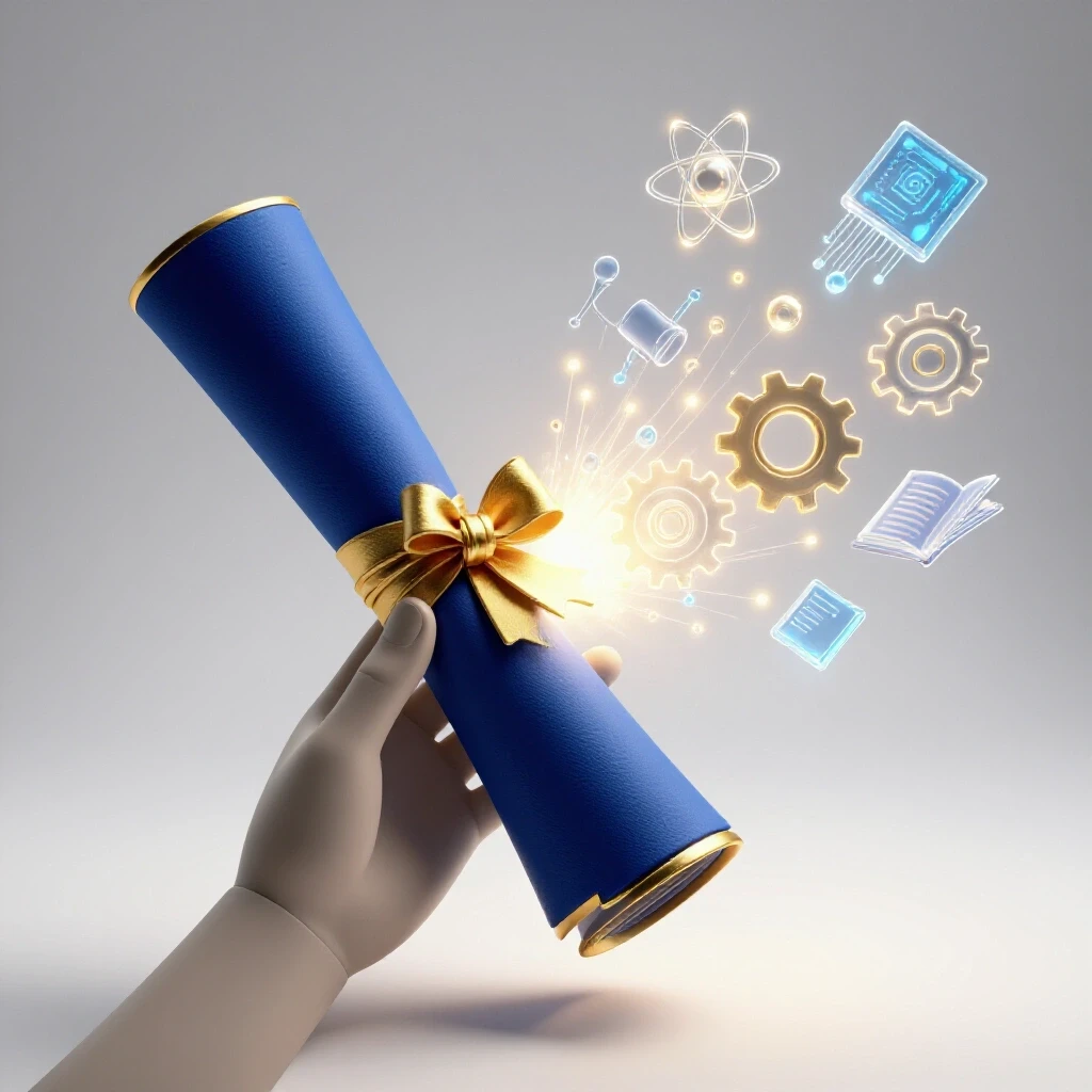 Split scene shows a diploma transforming into glowing icons for skills on a bright white background.