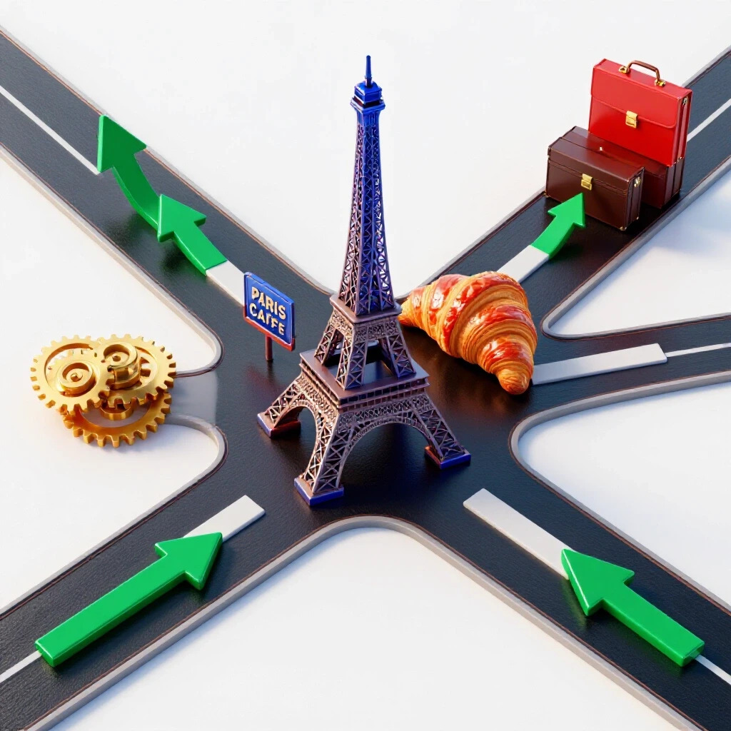 Vivid 3D crossroads featuring Parisian icons on one path and career symbols on the other, on a bright background.