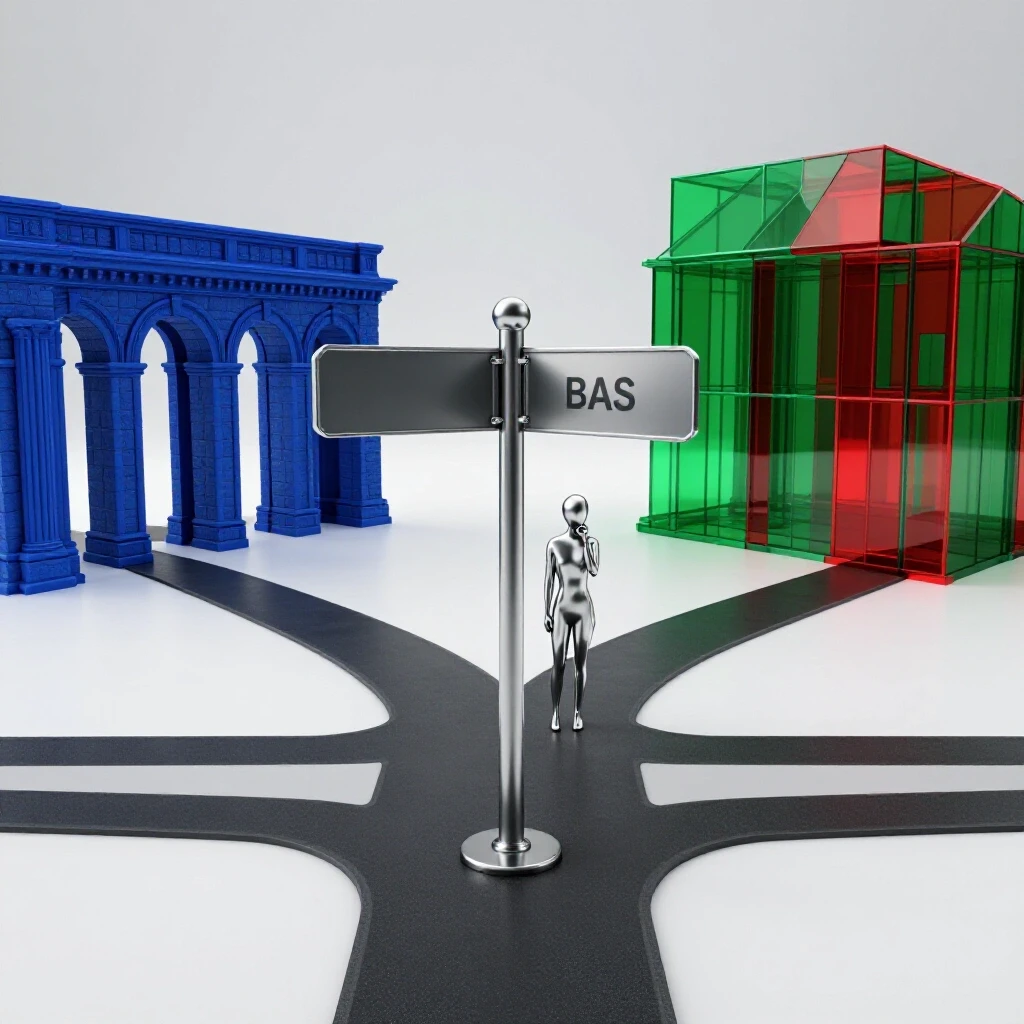 Split-scene of two career paths diverging with classic academic arches on one side and modern geometric structures on the other, signpost at center