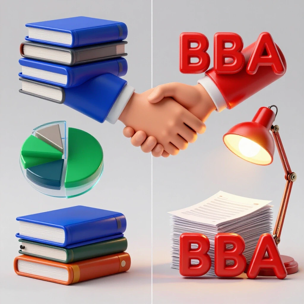 Split scene with analytical books and charts on one side, handshake and business icons on the other, vibrant colors