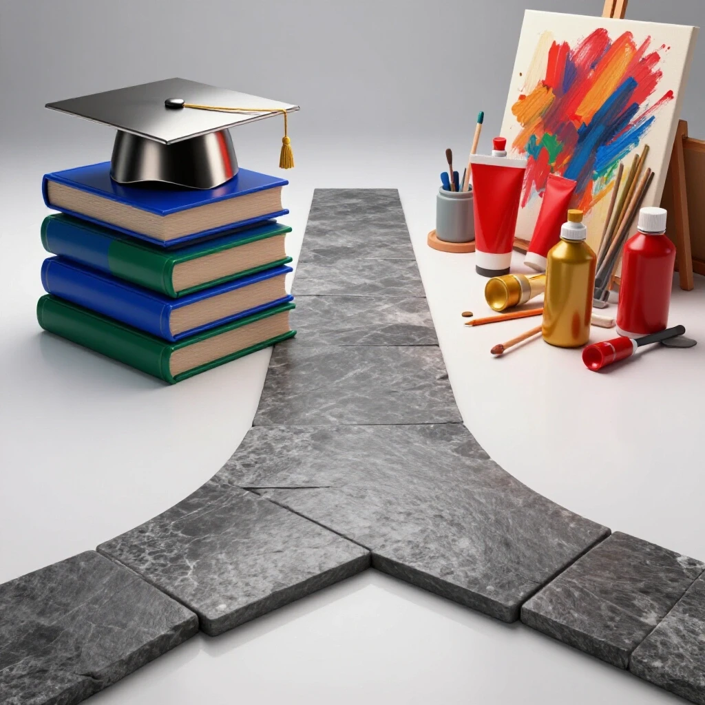Split-image showing two paths: one to books with a graduation cap, the other to colorful art tools and a canvas.