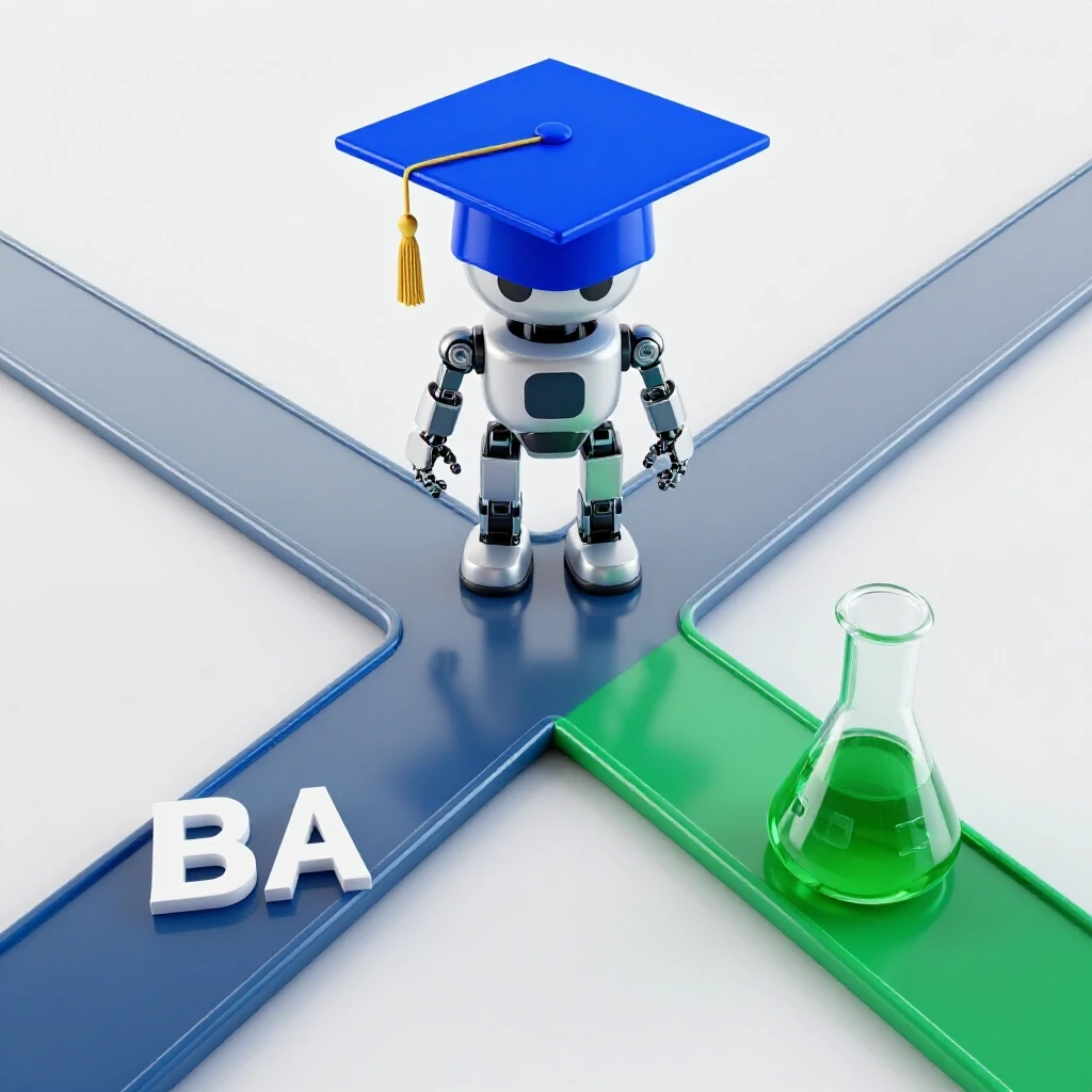 Robotic figure overlooks a split path with a blue graduation cap and green science beaker on a bright background.