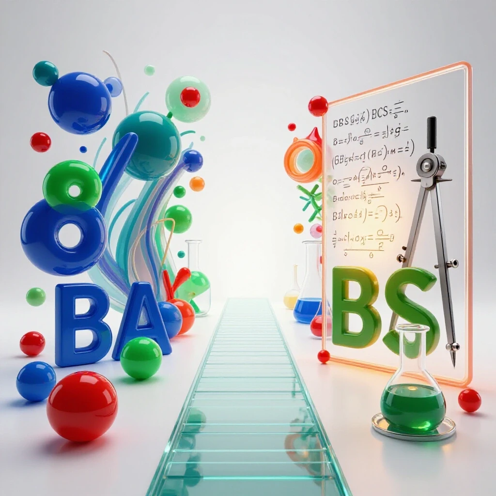 Split scene showing creative scientific shapes on one side and precise instruments on the other, divided by a bright central pathway.