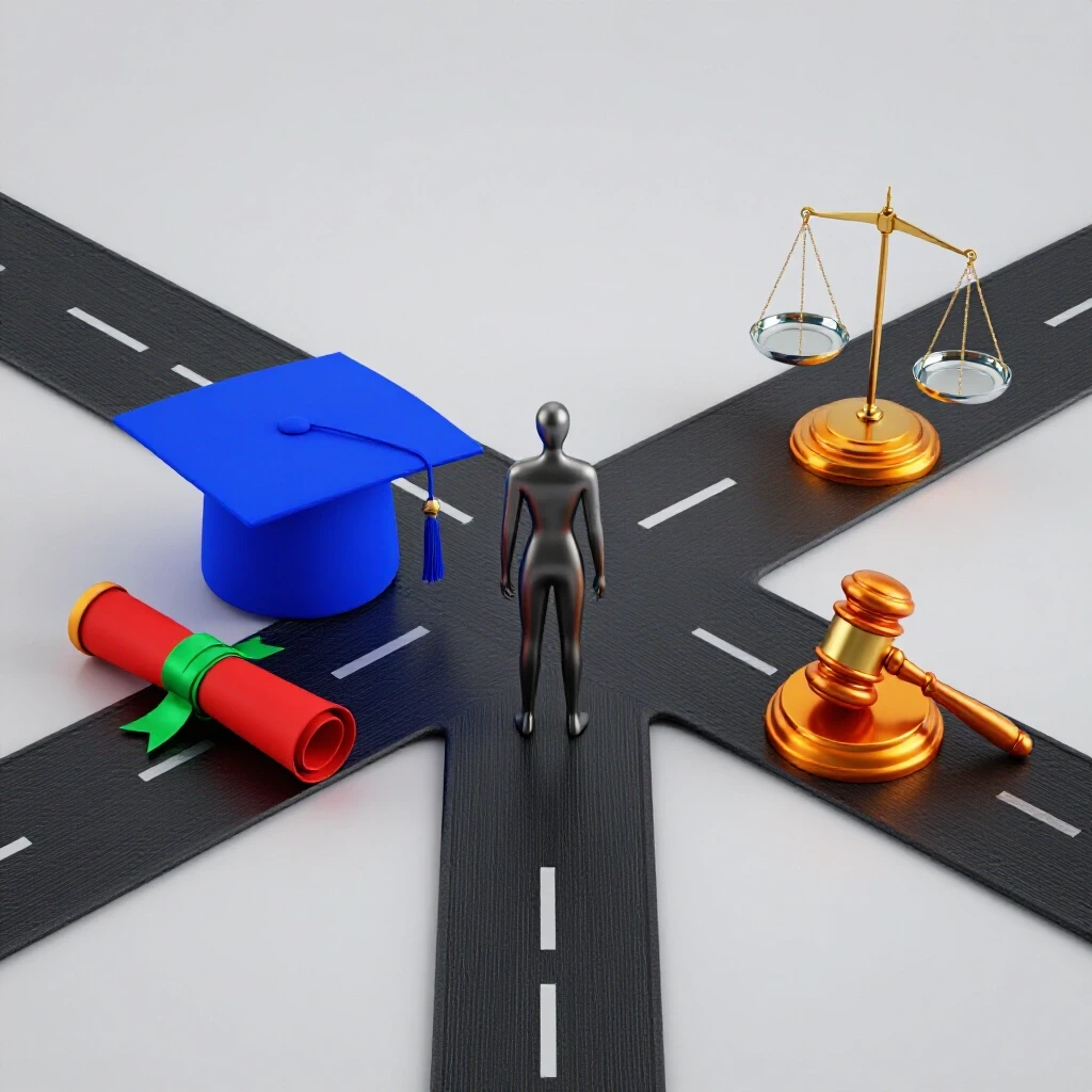 A crossroads with a graduation cap and diploma on one side and judge’s gavel with legal scales on the other, symbolizing career choices.