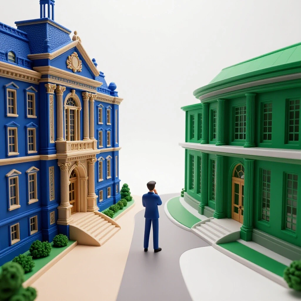 Split pathway with ornate building on one side, modern structure on the other, and an abstract figure at the crossroads.