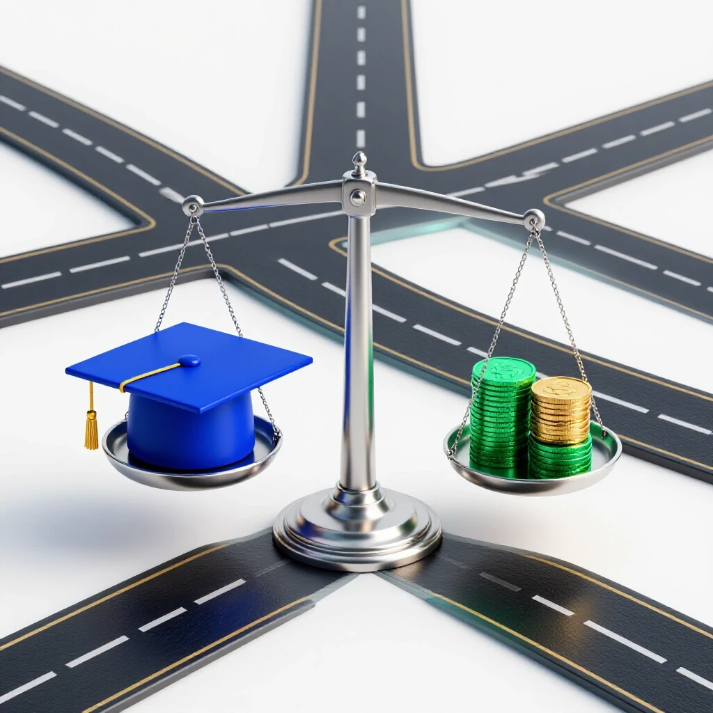A metallic scale balances a blue graduation cap against emerald green stacks of coins, set before diverging crossroads on a luminous studio background.