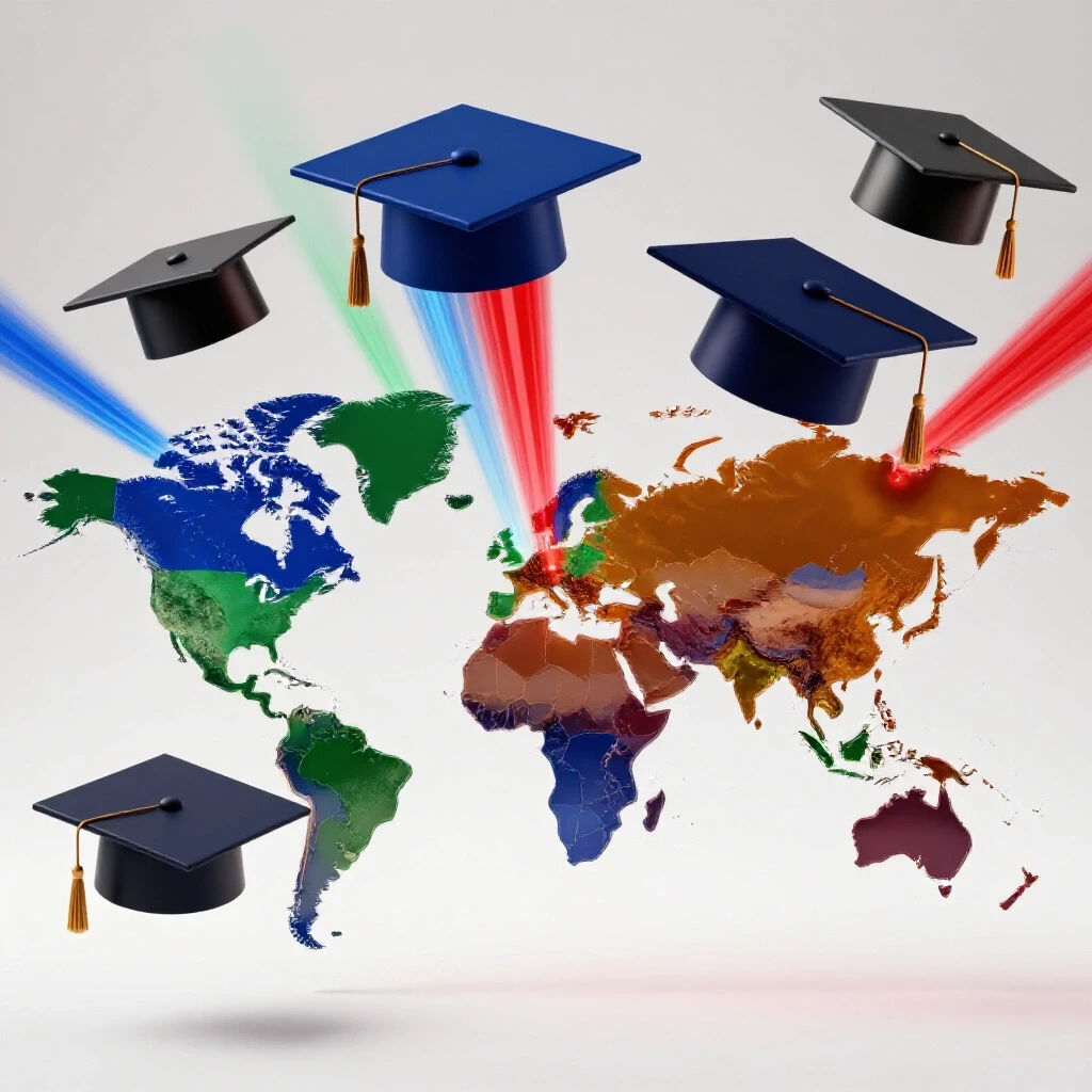 Vibrant global map with glowing beams and oversized graduation caps above select countries on a white background.