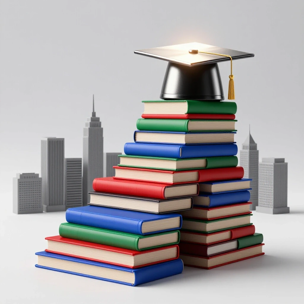 Stacked colorful books form a staircase leading to a glowing graduation cap with a cityscape backdrop