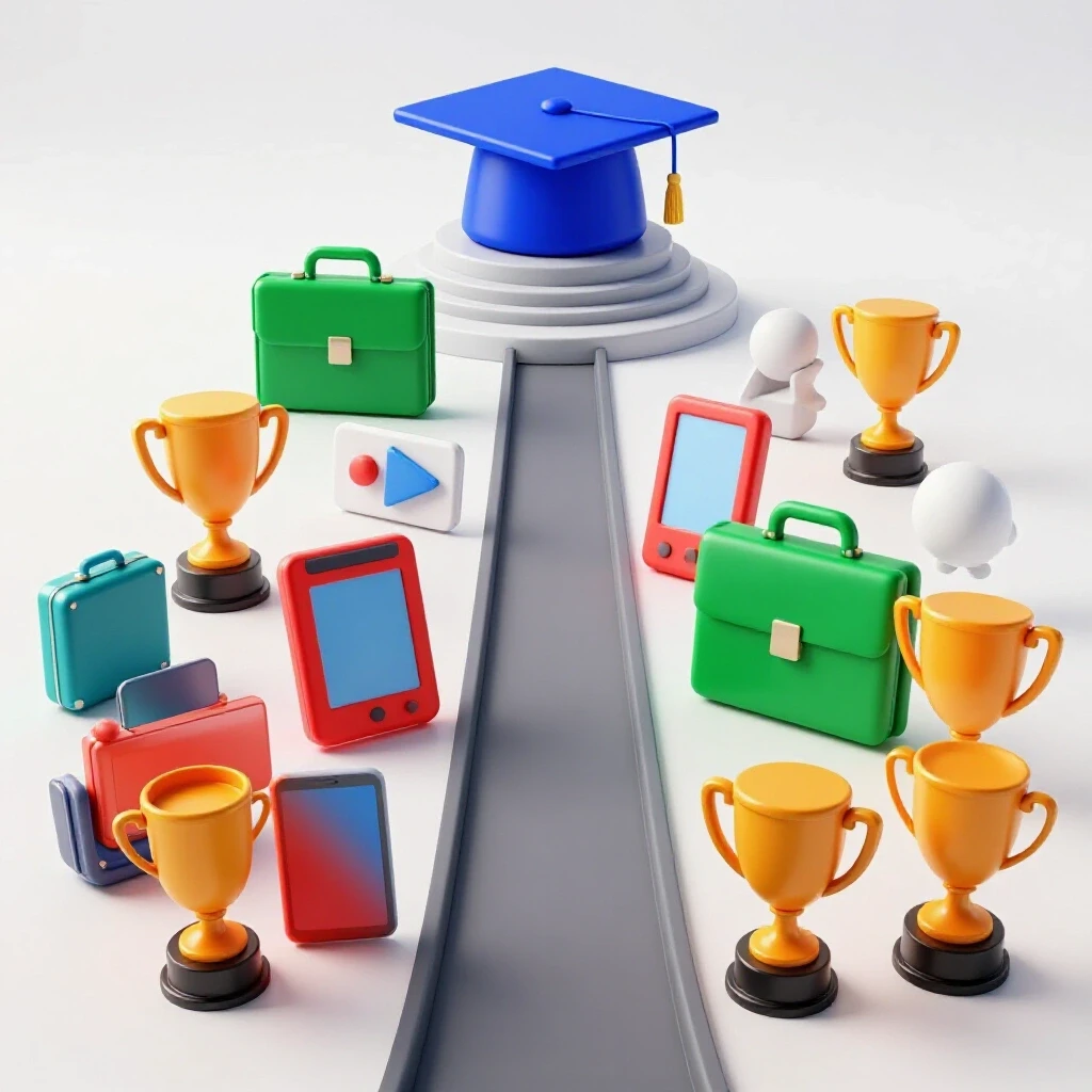 Dramatic forked path with a graduation cap on a distant pedestal and vibrant career symbols on the other side