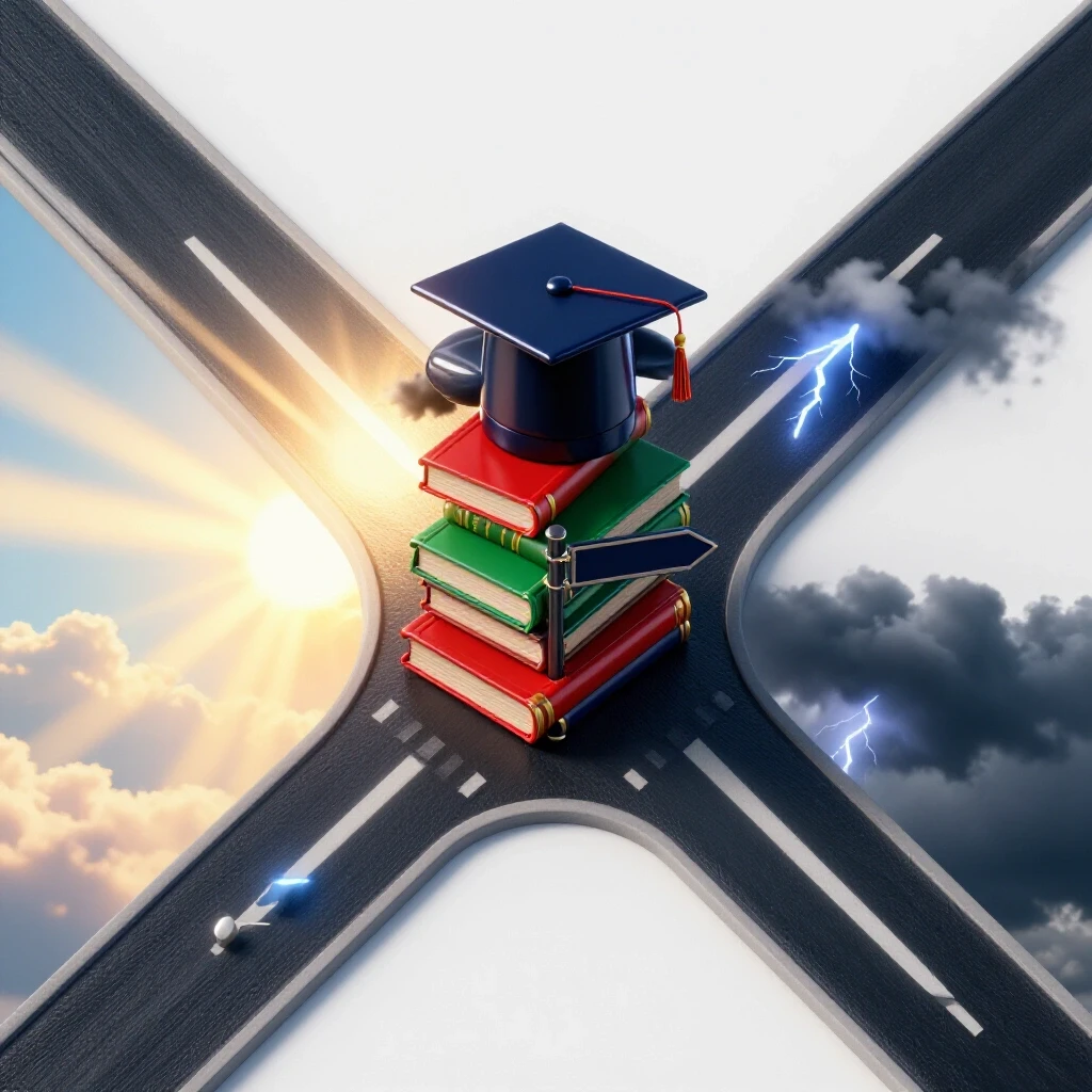 Crossroads with academic symbols under contrasting hopeful and stormy skies, symbolizing degree paths and burnout.