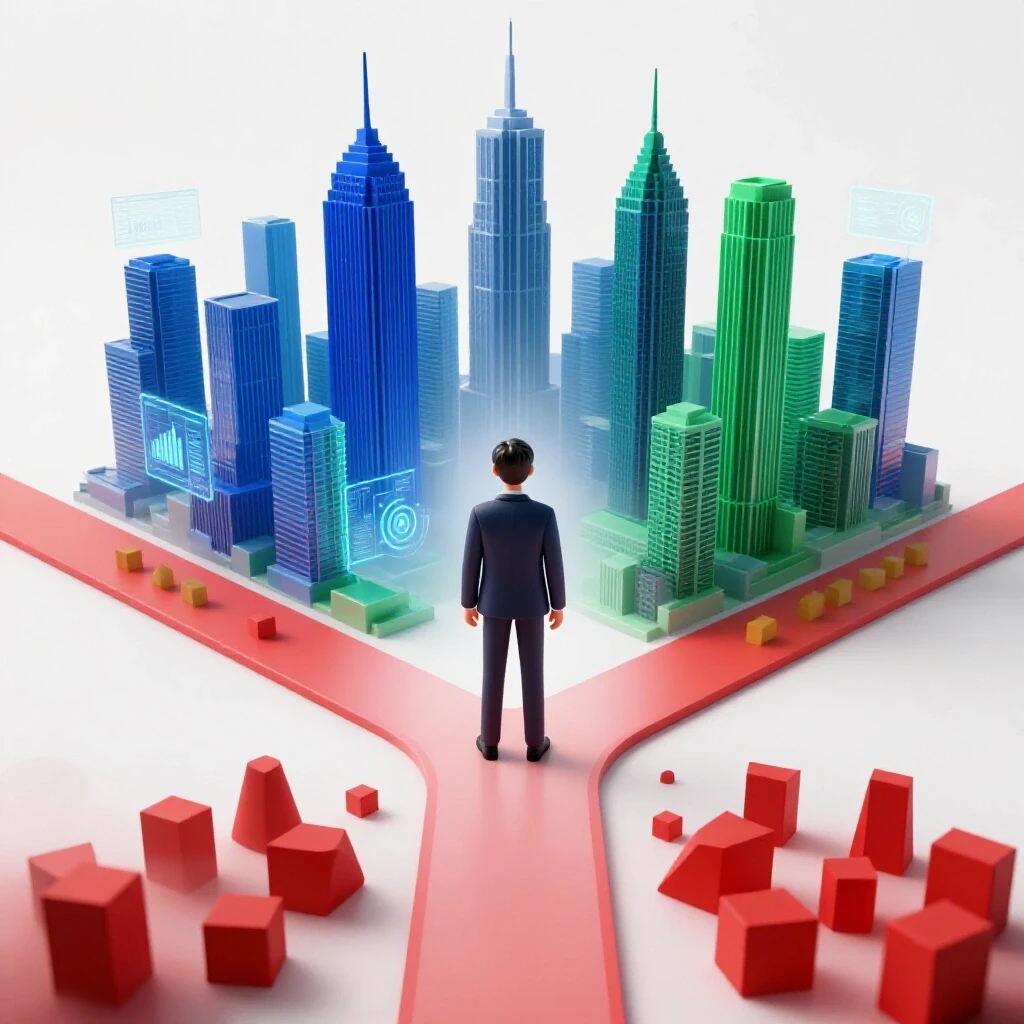 A student stands at a bright crossroads choosing between a digital city pathway and a path fading into uncertainty.
