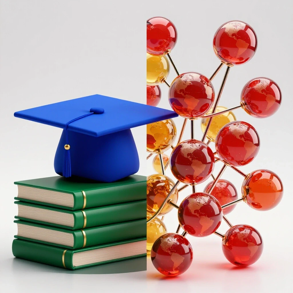 Split-image with a graduation cap and books on one side and colorful globes linked on the other, symbolizing bachelor and baccalaureate paths.