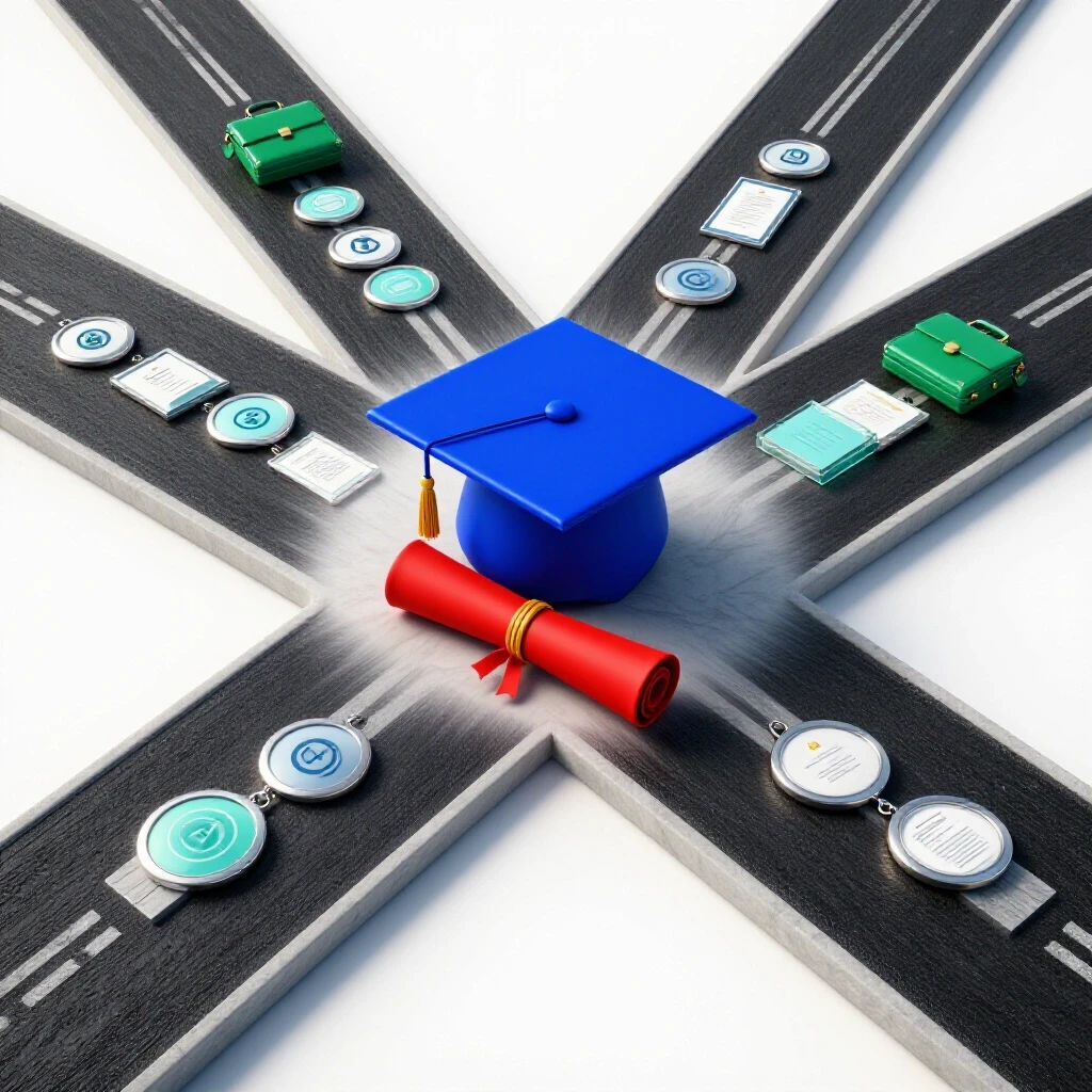 A crossroads with a graduation cap and diploma on one side, alternate career symbols on the other, all in vibrant colors on a bright background.