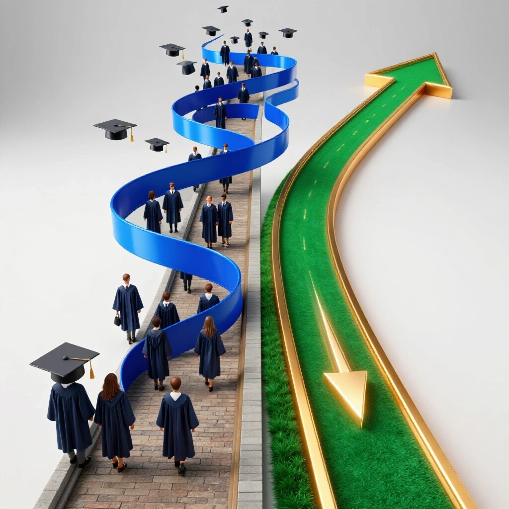 Split path showing a traditional graduation winding route beside a streamlined shortcut with bold arrows and academic symbols on a bright background.