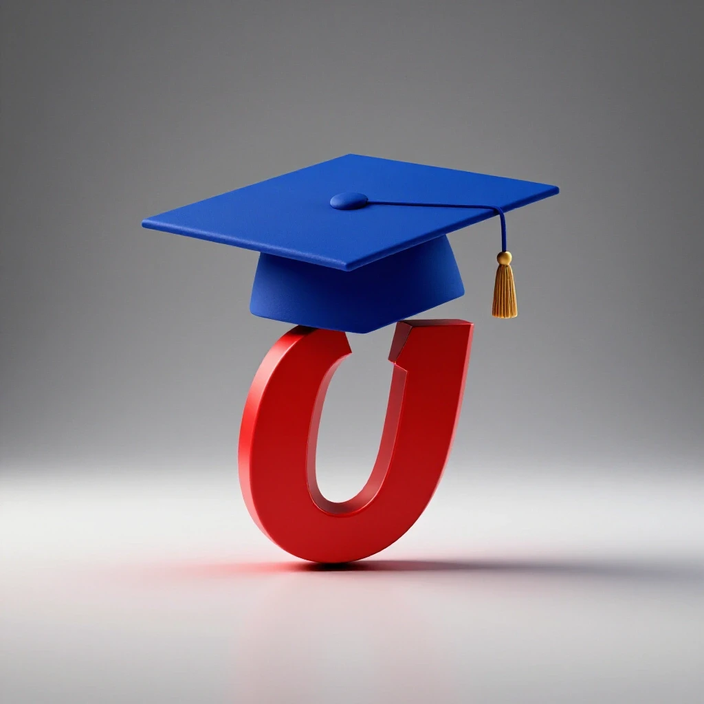 A graduation cap balancing on the edge of a broken red apostrophe, symbolizing punctuation importance in academics.