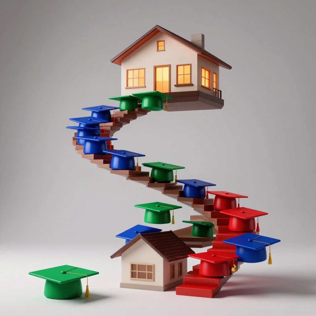 A staircase of vibrant graduation caps climbs from a modest home to a larger, glowing house, symbolizing upward income mobility.