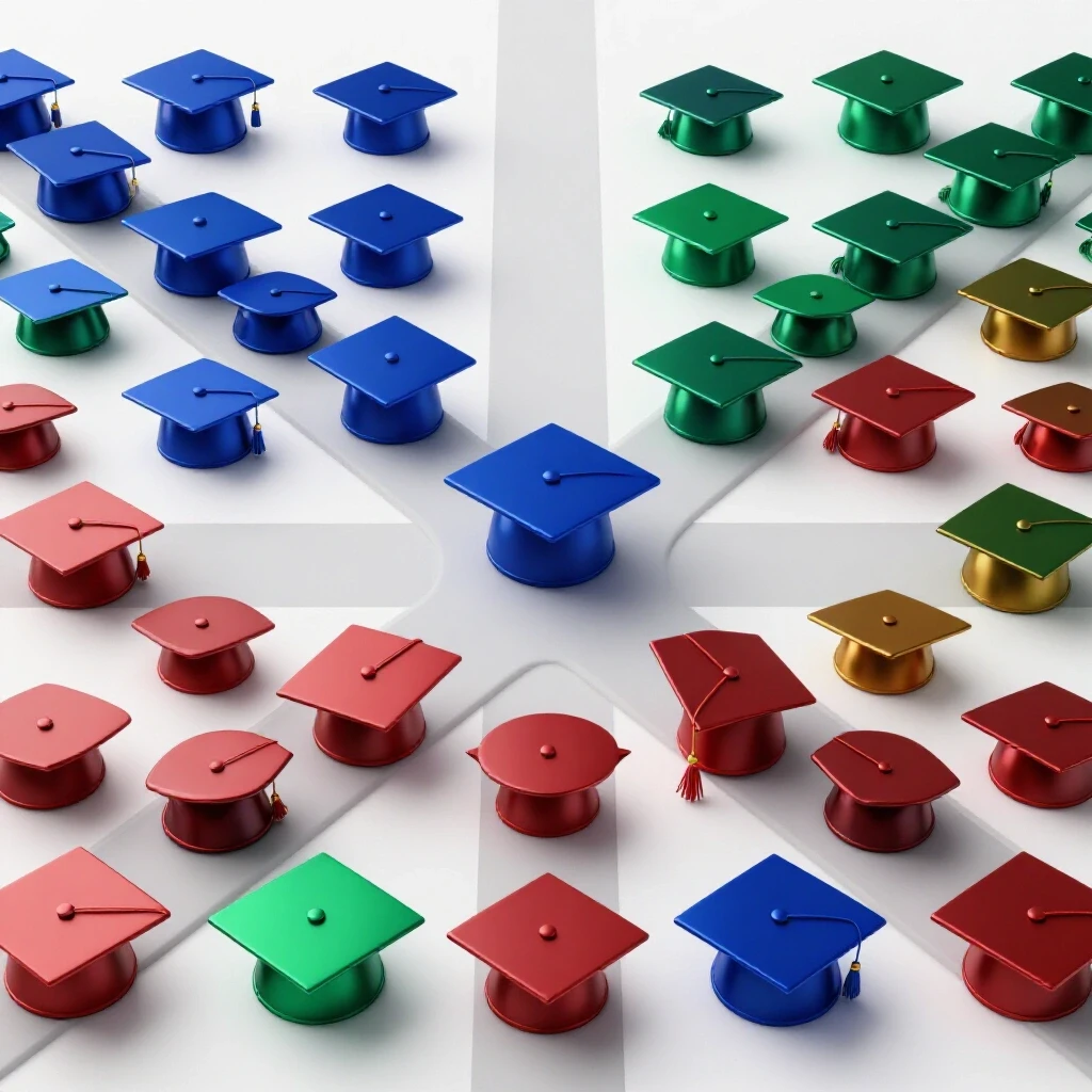 A crossroads with bold, upright academic caps and certificates on one path, faded versions on the other, set on a bright white background.