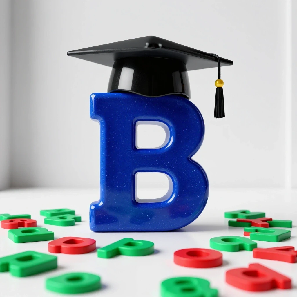 Bright scene featuring a glossy royal blue letter B with a graduation cap atop, surrounded by scattered colorful lowercase letters.