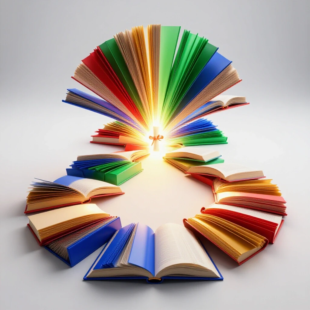 A pathway of open, colorful books radiating light leads to a glowing diploma on a bright studio background.