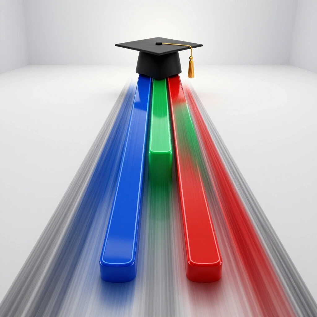 Vivid colored milestones form a fast-moving path leading toward a graduation cap in a bright studio setting.