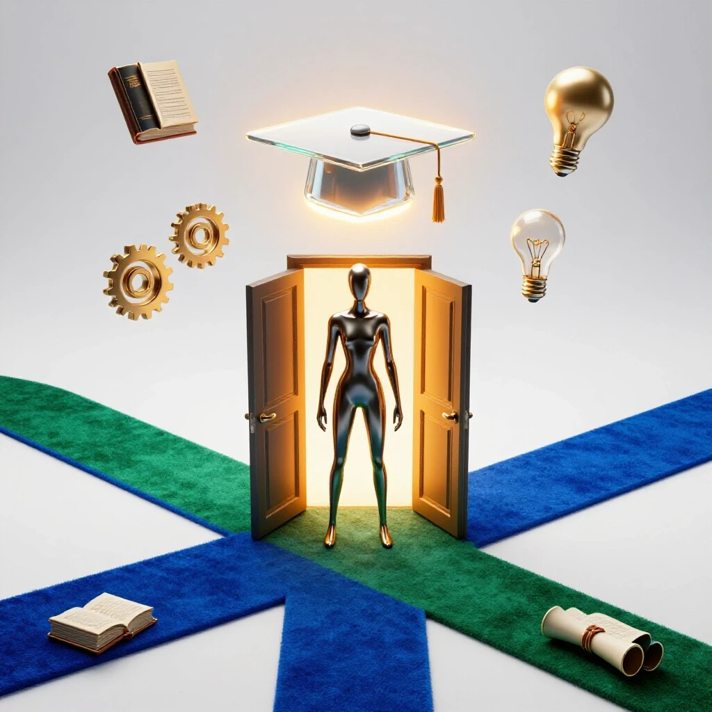 A crossroads scene with bold blue and green paths, a glowing graduation cap above an open doorway, and knowledge symbols floating nearby.