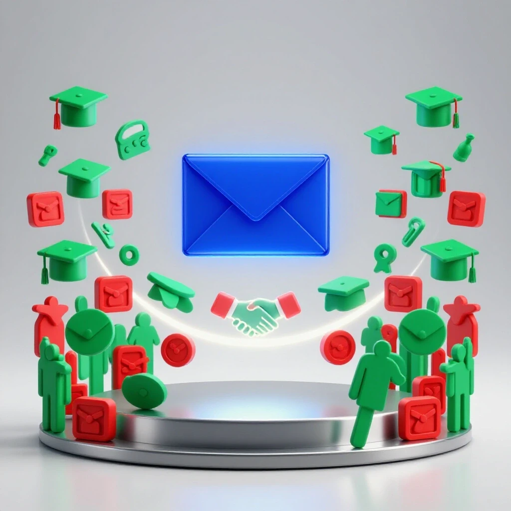A glowing blue digital envelope connects to a metallic pedestal surrounded by colorful education and handshake icons.
