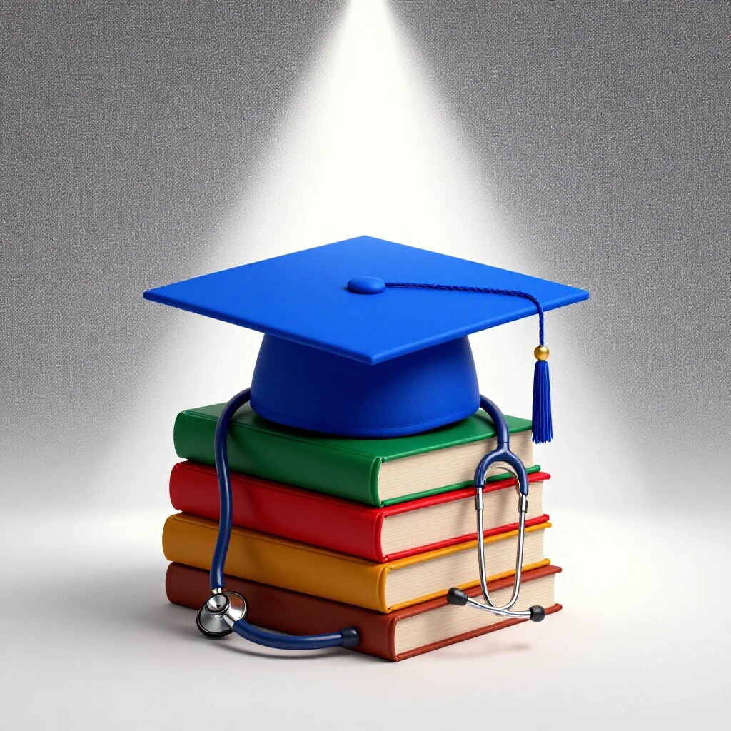 A graduation cap balanced atop a stethoscope rests on vibrant medical textbooks in a brightly lit scene.