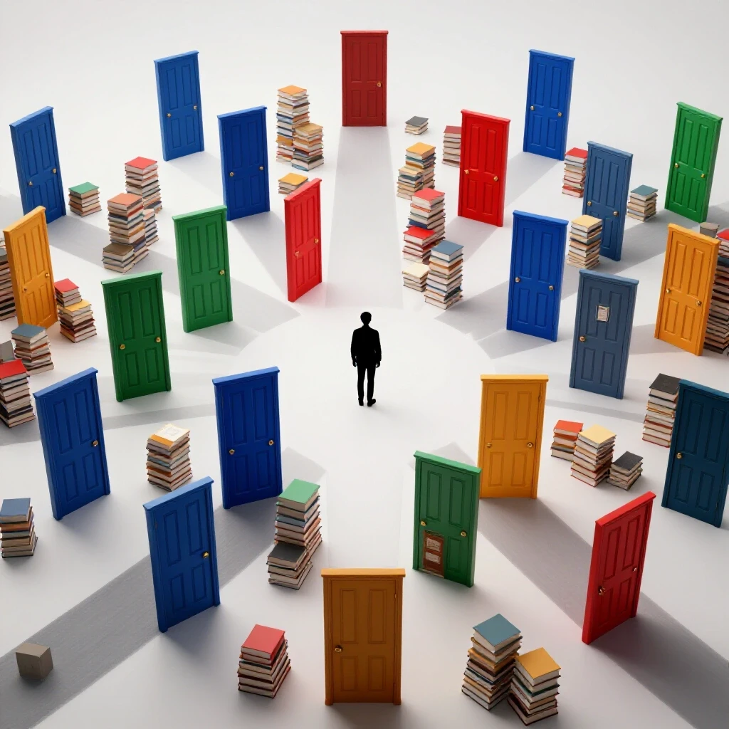 A student stands at a crossroads facing vivid, colorful doors symbolizing diverse course choices for a bachelor’s degree.